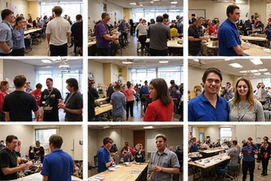 Galería de fotos de un evento anterior, mostrando personas interactuando y aprendiendo