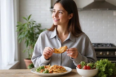 Persona disfrutando de una comida equilibrada, simbolizando el mantenimiento de peso